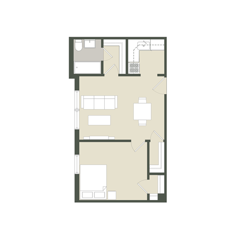 Floor plan for 1 bed, 1 bath, 559 sqft